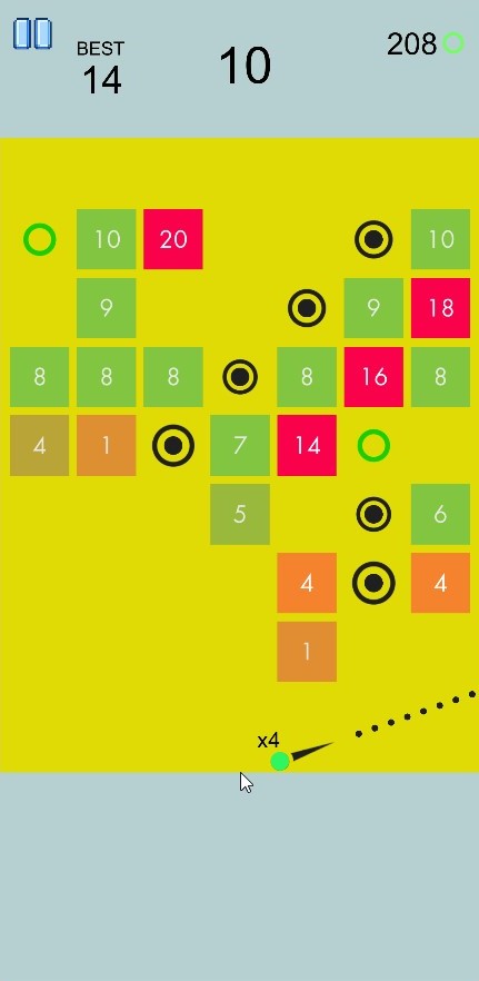 Brick Bouncer gameplay showing a dotted aiming line below numbered blocks