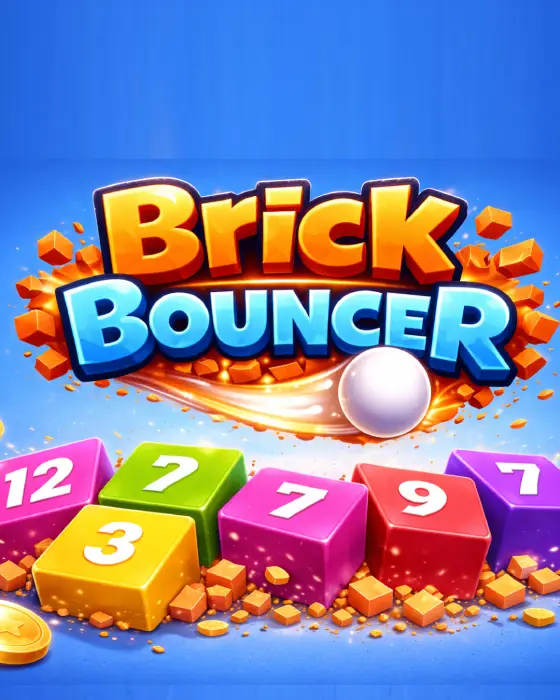 Brick Bouncer official artwork, featuring colorful numbered bricks and a bouncing ball