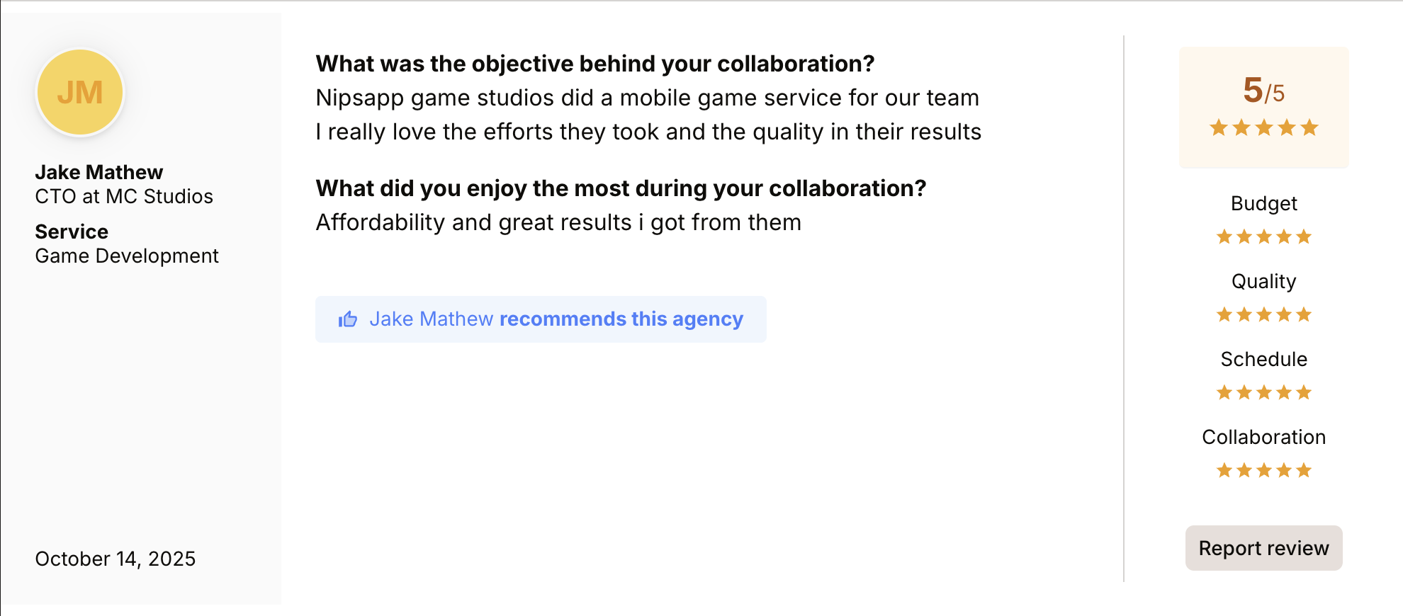 Cropped Sortlist review from Jake Mathew, CTO at MC Studios, dated October 14, 2025. He praises NipsApp’s effort, quality and affordability, recommends the agency, and rates it 5 out of 5 for budget, quality, schedule and collaboration.